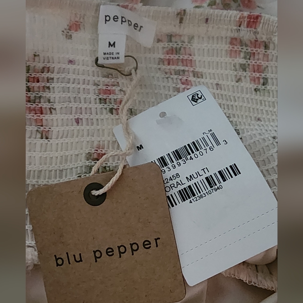 Blu Pepper Cream Spaghetti-Strap Tiered Dress with Pink Floral Print Women's Med - Picture 3 of 4